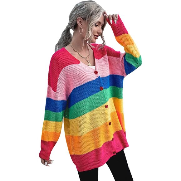 Women's Rainbow Striped Acrylic Button Front Long Sleeve Oversized Cardigan